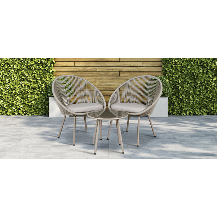 3pc Garden Bistro Set - Steel & Rope - Outdoor Dining Chair & Round Table Grey