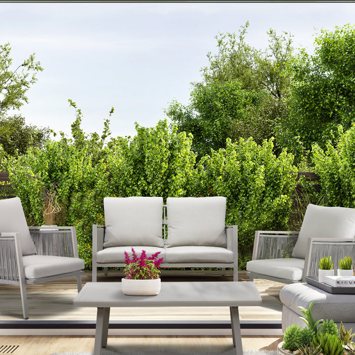 Premium 4 Seater Garden Coffee Table Set - 4pc Grey Aluminium Rope Sofa Cushions
