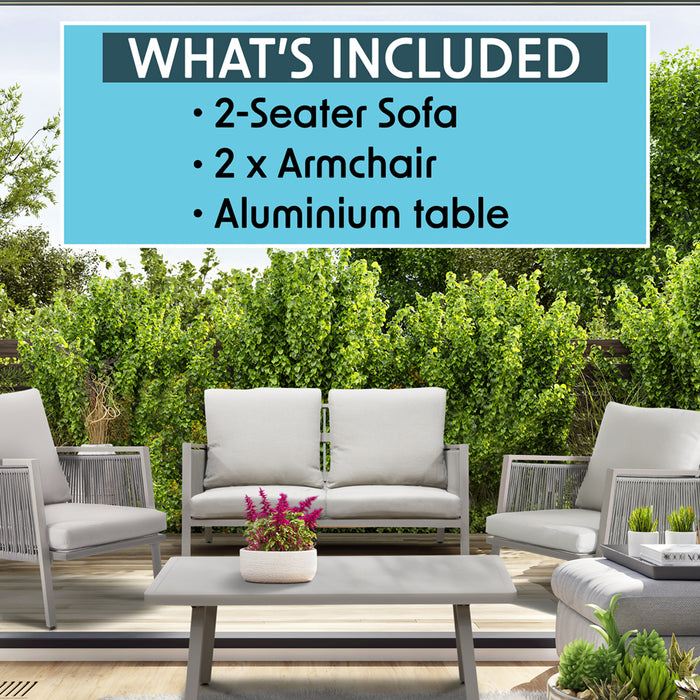 Premium 4 Seater Garden Coffee Table & Parasol Set Grey Aluminium Sofa Cushions - LoopsDirect