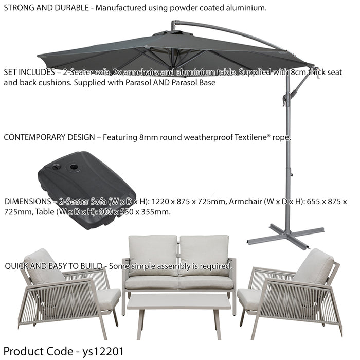 Premium 4 Seater Garden Coffee Table & Parasol Set Grey Aluminium Sofa Cushions - LoopsDirect