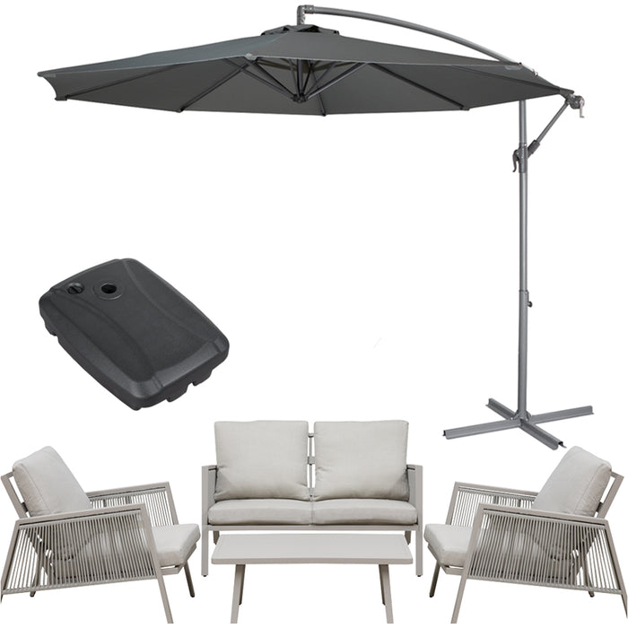 Premium 4 Seater Garden Coffee Table & Parasol Set Grey Aluminium Sofa Cushions