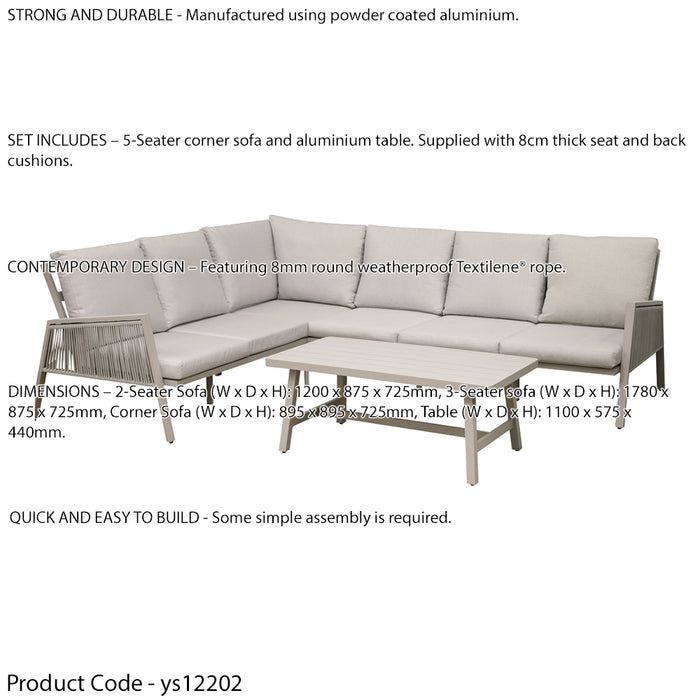 Premium 5 Seater Garden Coffee Table Set Outdoor Aluminium Rope Corner Sofa Grey - LoopsDirect