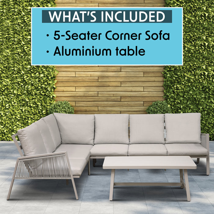 Premium 5 Seater Garden Coffee Table Set Outdoor Aluminium Rope Corner Sofa Grey - LoopsDirect