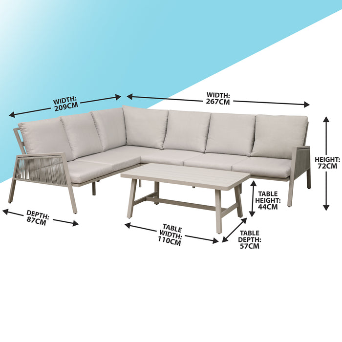 Premium 5 Seater Garden Coffee Table Set Outdoor Aluminium Rope Corner Sofa Grey - LoopsDirect