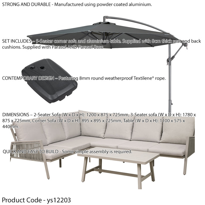 Premium 5 Seater Garden Coffee Table & Parasol Set - Grey Aluminium Corner Sofa
