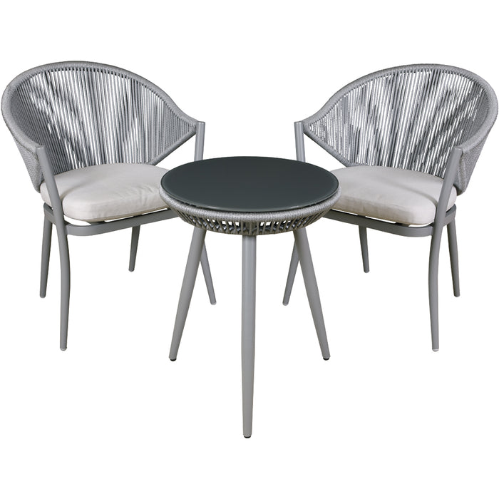 3pc Garden Bistro Set - Aluminium & Rope - Outdoor Dining Chair Round Table Grey