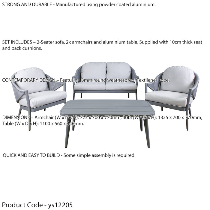 Premium 4 Seater Garden Coffee Table Set 4pc Grey Aluminium Sofa Chair Cushions