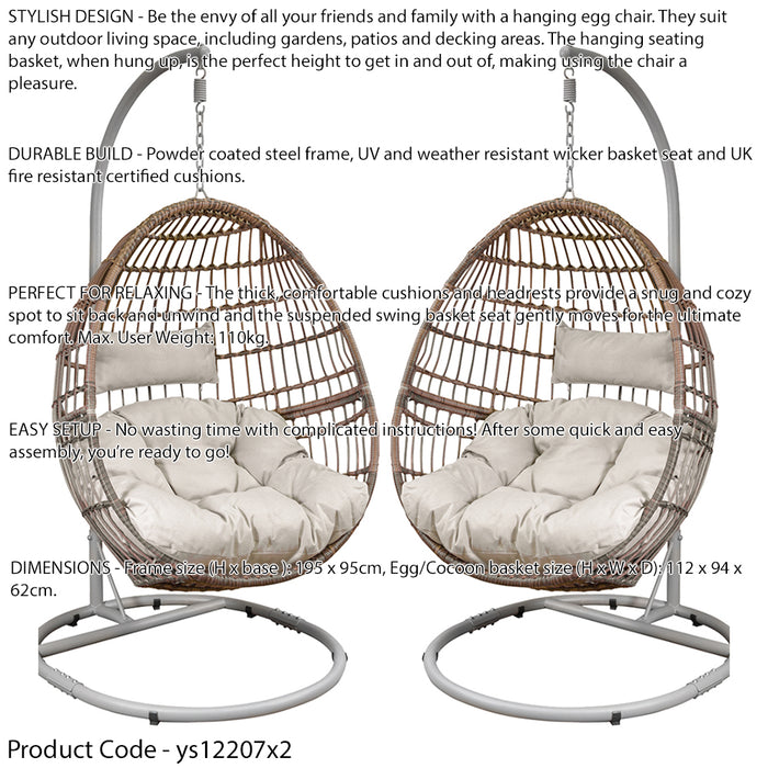 2 PACK Premium Single Hanging Garden Egg Chair - Wicker Rattan - Swing Cocoon