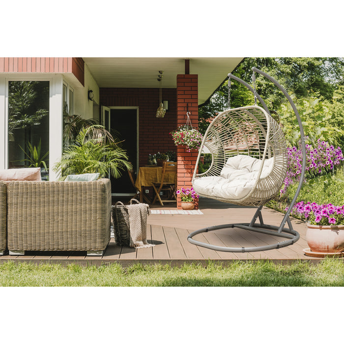 2pc Garden Hanging Egg Chair Set - Rattan Wicker - Single & Double Outdoor Swing - LoopsDirect