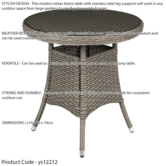 70cm Round Rattan Wicker Garden Bistro Table - Brown & Glass Outdoor Side Table