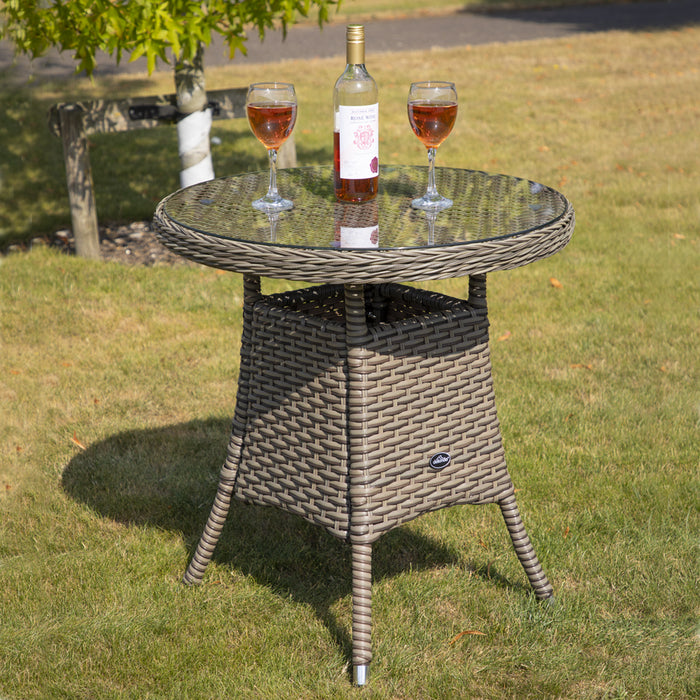 70cm Round Rattan Wicker Garden Bistro Table - Brown & Glass Outdoor Side Table