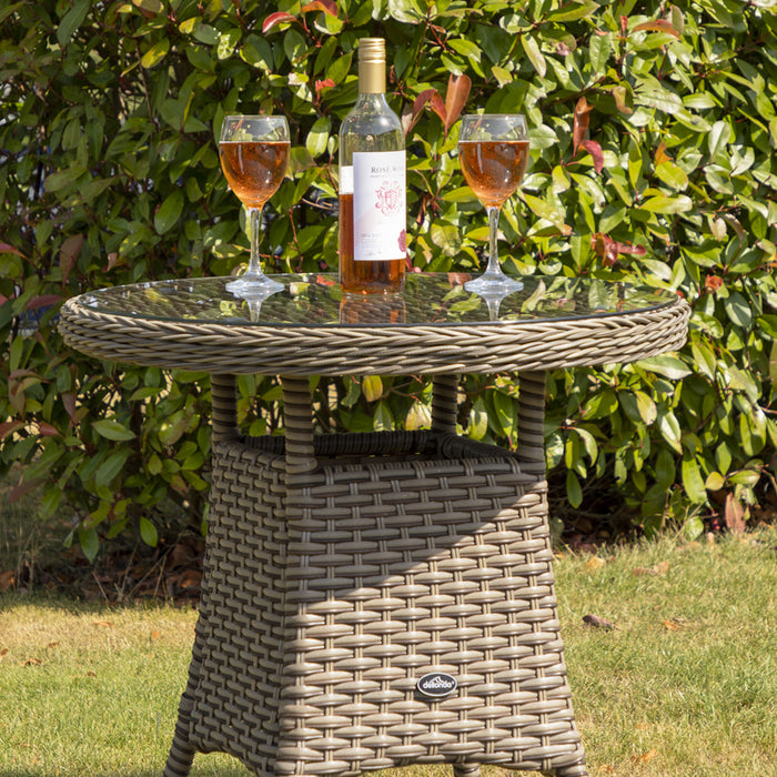 70cm Round Rattan Wicker Garden Bistro Table - Brown & Glass Outdoor Side Table - LoopsDirect