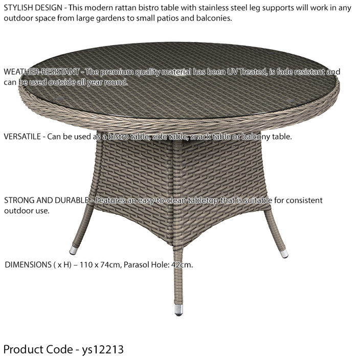 110cm Round 4 Seater Garden Dining Table - Rattan Wicker Brown & Glass Outdoor