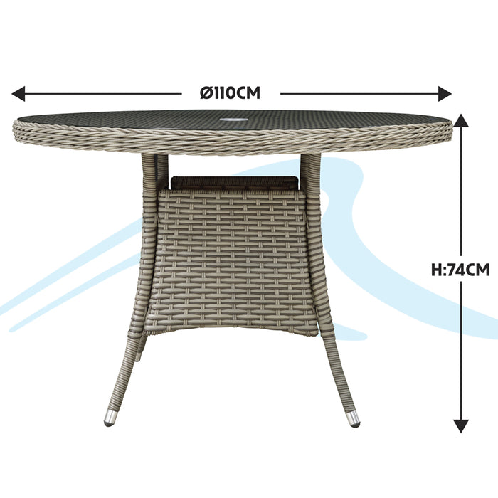 110cm Round 4 Seater Garden Dining Table - Rattan Wicker Brown & Glass Outdoor