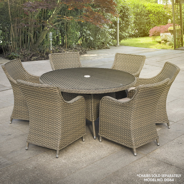 135cm Round 6 Seater Garden Dining Table - Rattan Wicker Brown & Glass Outdoor