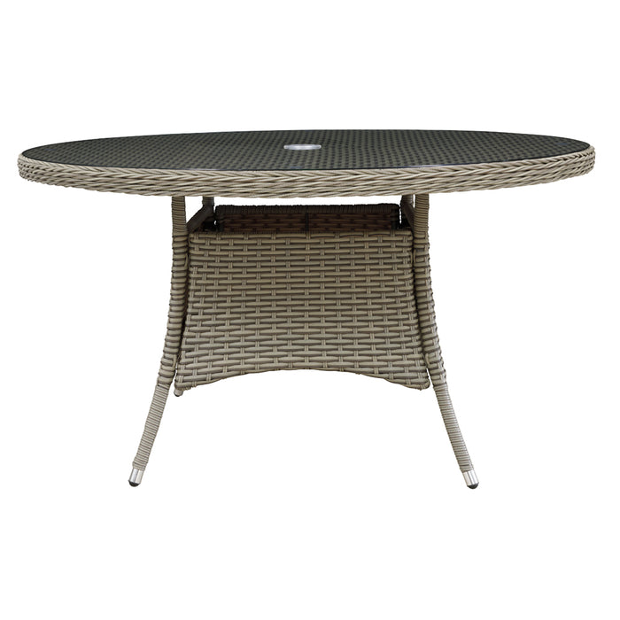 135cm Round 6 Seater Garden Dining Table - Rattan Wicker Brown & Glass Outdoor