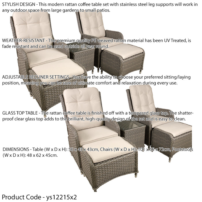 6pc Garden Reclining Bistro Set - Rattan Wicker - Outdoor Chairs & Coffee Table