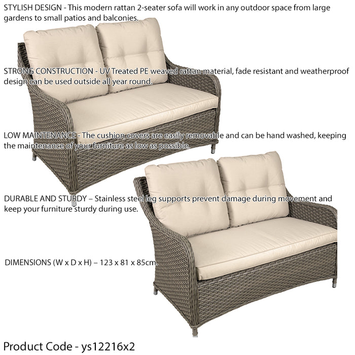 2 PACK 2 Seater Rattan Wicker Garden Sofa & Cushions - Indoor & Outdoor Dining