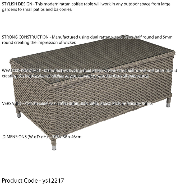 108cm Outdoor Coffee Table - Rattan Wicker & Glass Top - Garden Bistro Dining