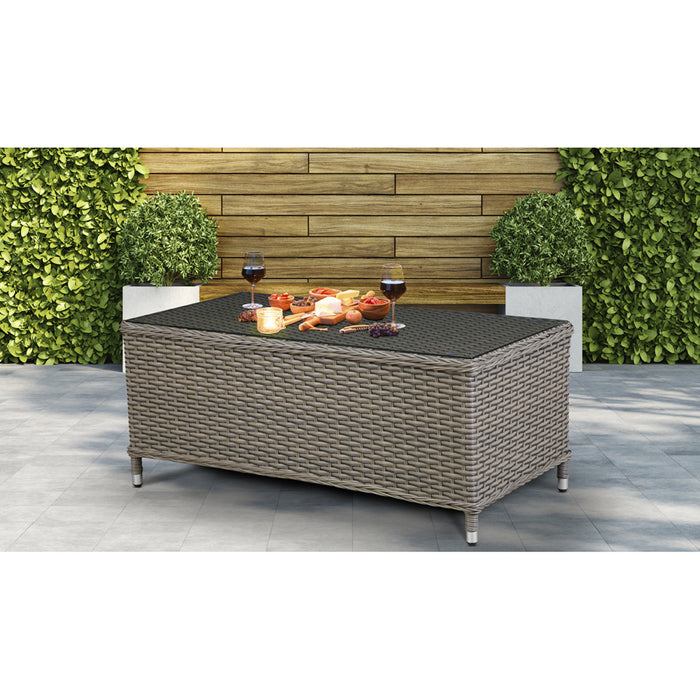 108cm Outdoor Coffee Table - Rattan Wicker & Glass Top - Garden Bistro Dining - LoopsDirect