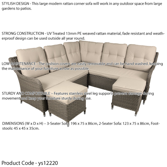 Premium 5 Seater Garden Corner Sofa Set - Rattan Wicker - 2x Footstools Outdoor