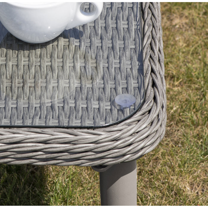 44cm Outdoor Square Coffee Table - Rattan Wicker Grey & Tempered Glass Top - LoopsDirect