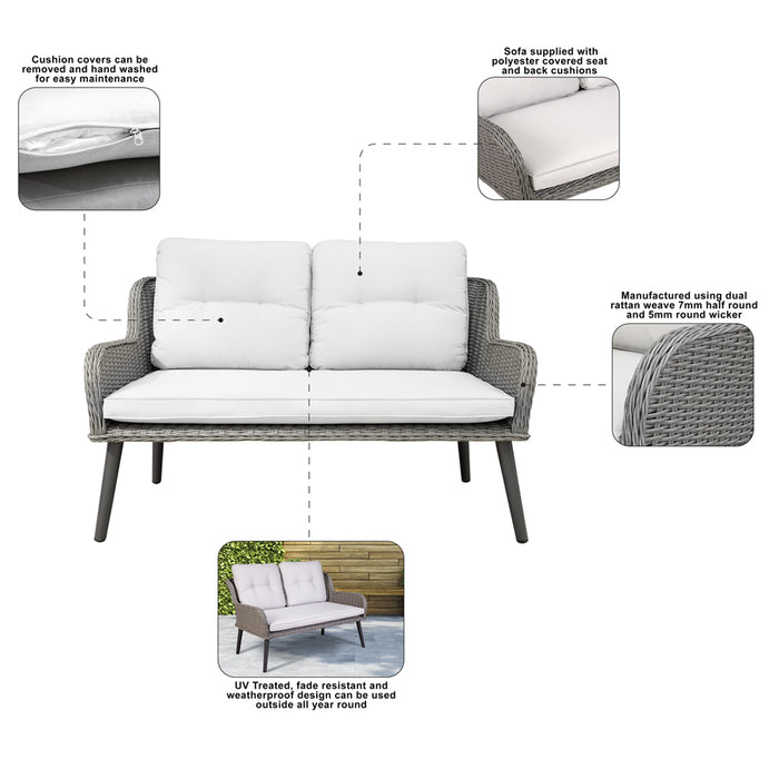 2 PACK 2 Seater Grey Rattan Wicker Garden Sofa & Cushions Outdoor Dining Lounge - LoopsDirect