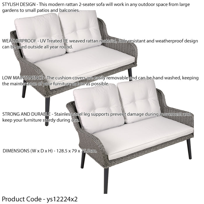 2 PACK 2 Seater Grey Rattan Wicker Garden Sofa & Cushions Outdoor Dining Lounge - LoopsDirect