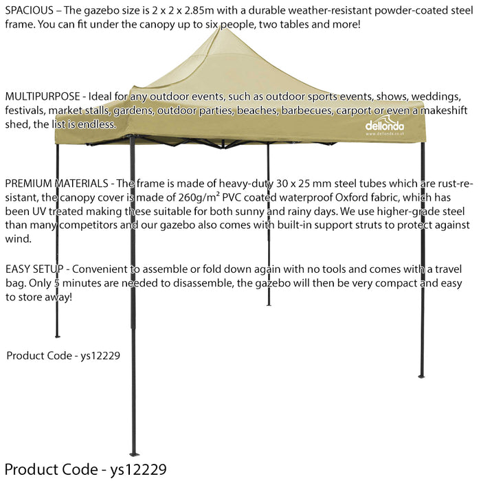 2x2m Pop-Up Gazebo & Side Walls Set BEIGE - Strong Outdoor Garden Pavillion Tent - LoopsDirect