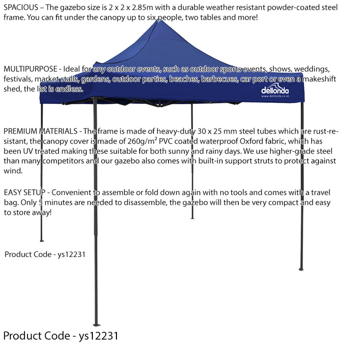 2x2m Pop-Up Gazebo & Side Walls Set BLUE - Strong Outdoor Garden Pavillion Tent - LoopsDirect