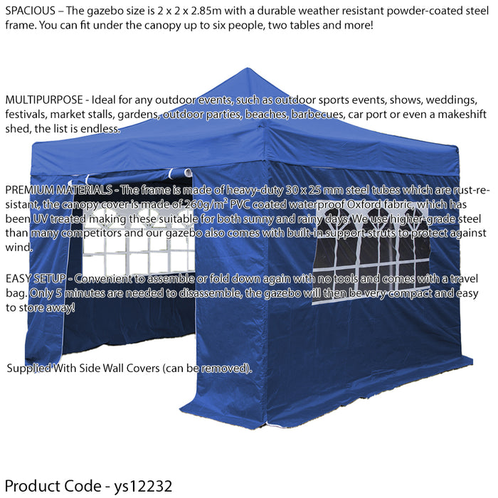 2x2m Pop-Up Gazebo & Side Walls Set BLUE - Strong Outdoor Garden Pavillion Tent