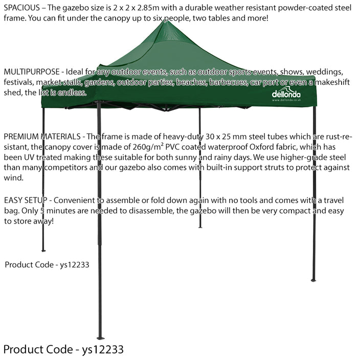 2x2m Pop-Up Gazebo - GREEN Heavy Duty Frame & Water Resistant - Garden Pavillion