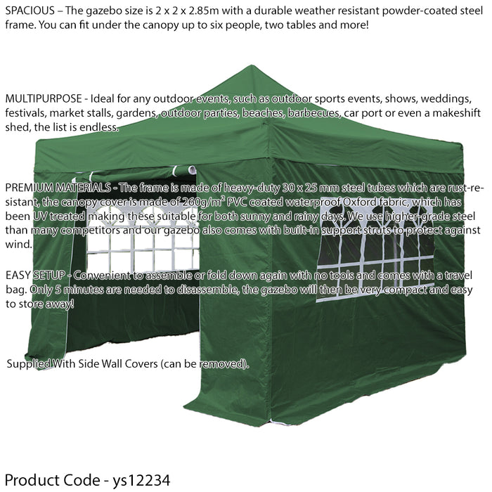 2x2m Pop-Up Gazebo & Side Walls Set GREEN - Strong Outdoor Garden Pavillion Tent - LoopsDirect