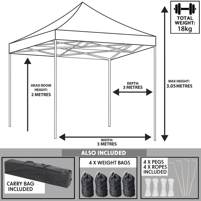 3x3m Pop-Up Gazebo & Side Walls Set GREY - Strong Outdoor Garden Pavillion Tent - LoopsDirect