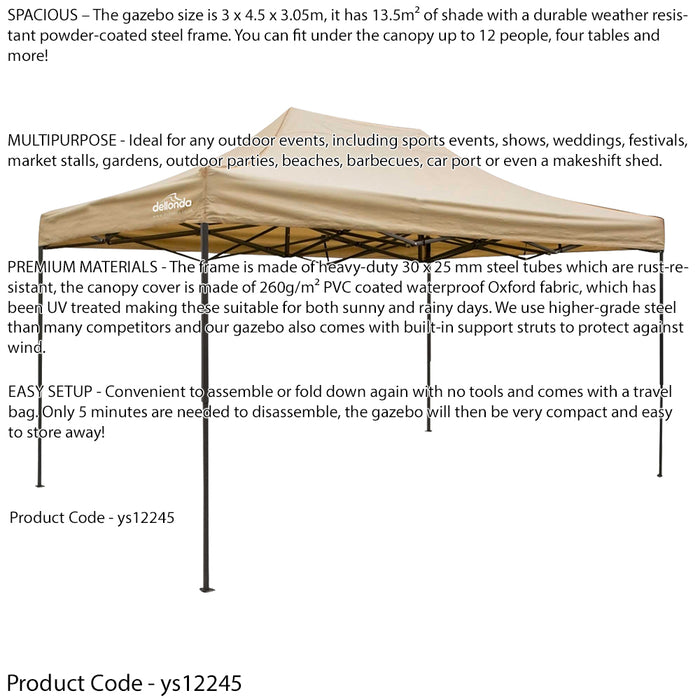 3x4.5m Pop-Up Gazebo - BEIGE Heavy Duty Frame & Water Resistant Garden Pavillion - LoopsDirect