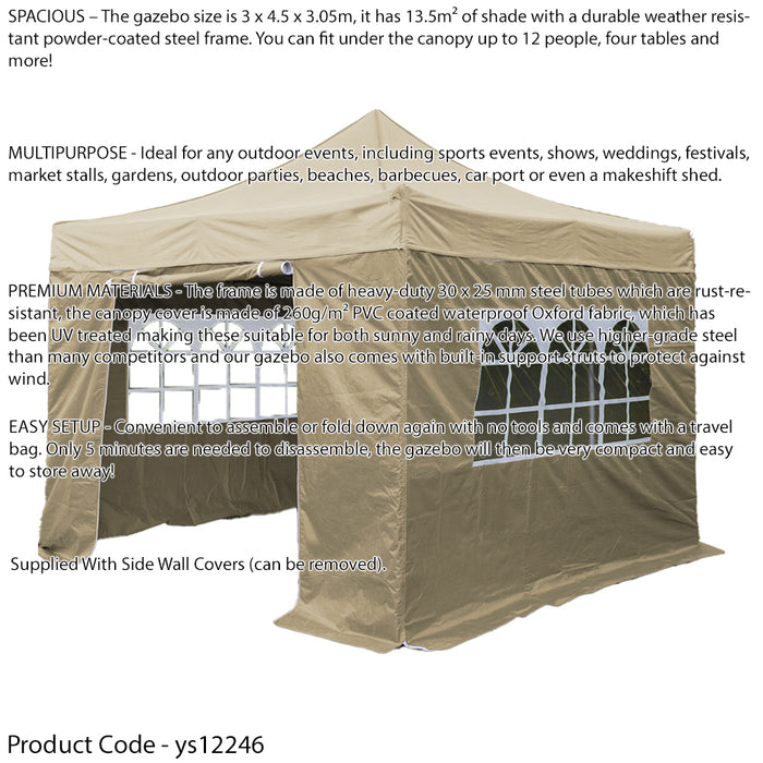 3x4.5m Pop-Up Gazebo & Side Walls Set BEIGE Strong Outdoor Garden Pavillion Tent