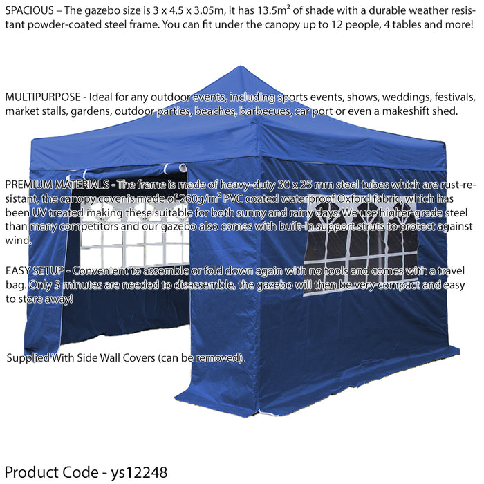 3x4.5m Pop-Up Gazebo & Side Walls Set BLUE Strong Outdoor Garden Pavillion Tent