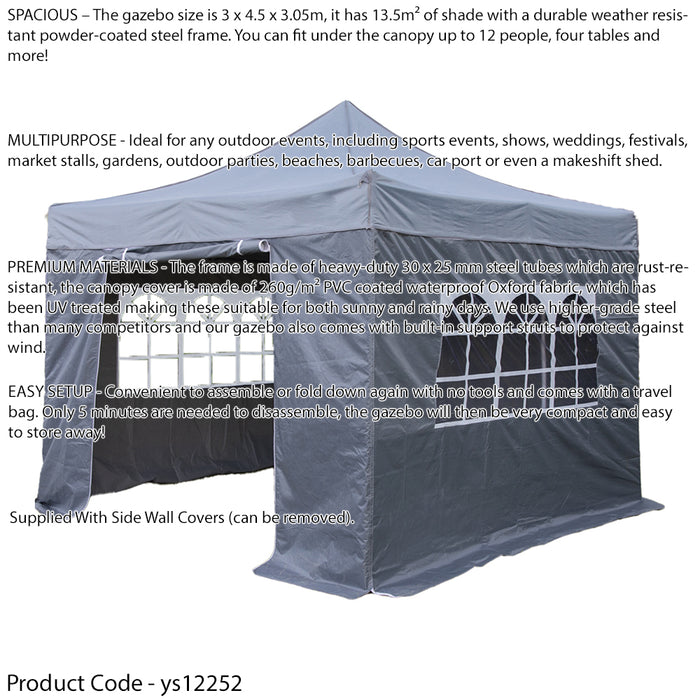 3x4.5m Pop-Up Gazebo & Side Walls Set GREY Strong Outdoor Garden Pavillion Tent