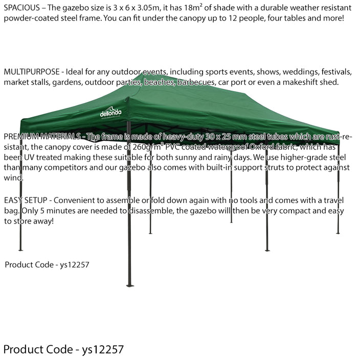 3x6m Pop-Up Gazebo - GREEN Heavy Duty Frame & Water Resistant - Garden Pavillion