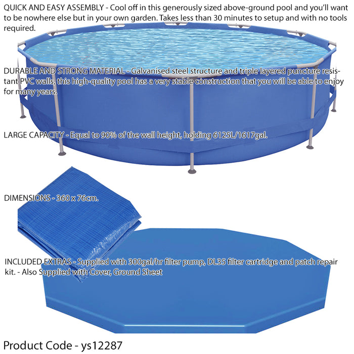 12ft Steel Frame Garden Swimming Pool Pump & Accessories Set - 76cm Deep Kids - LoopsDirect