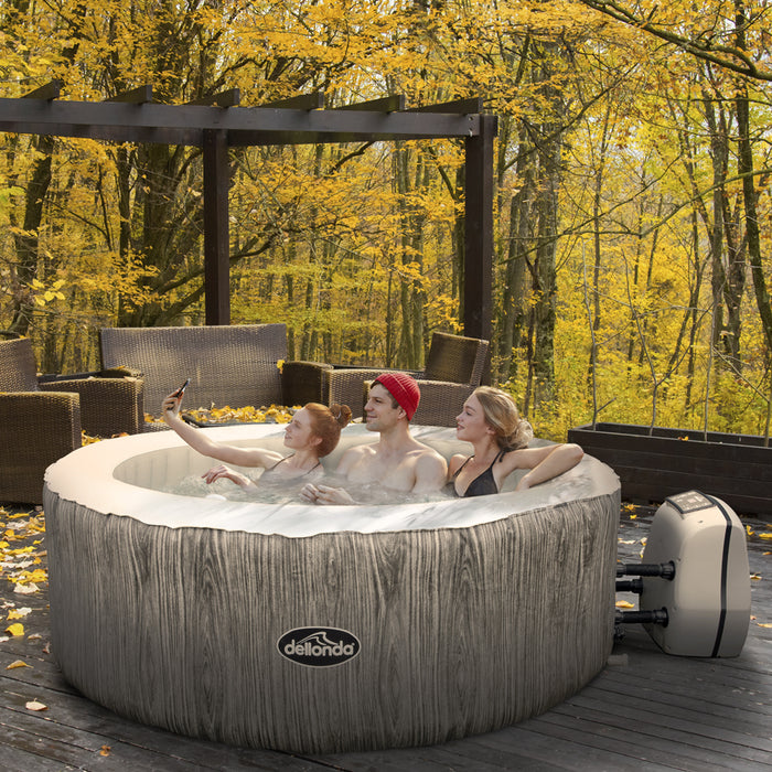 2-4 Person Inflatable Hot Tub & Smart Pump - Wood Effect - Outdoor Garden Party - LoopsDirect