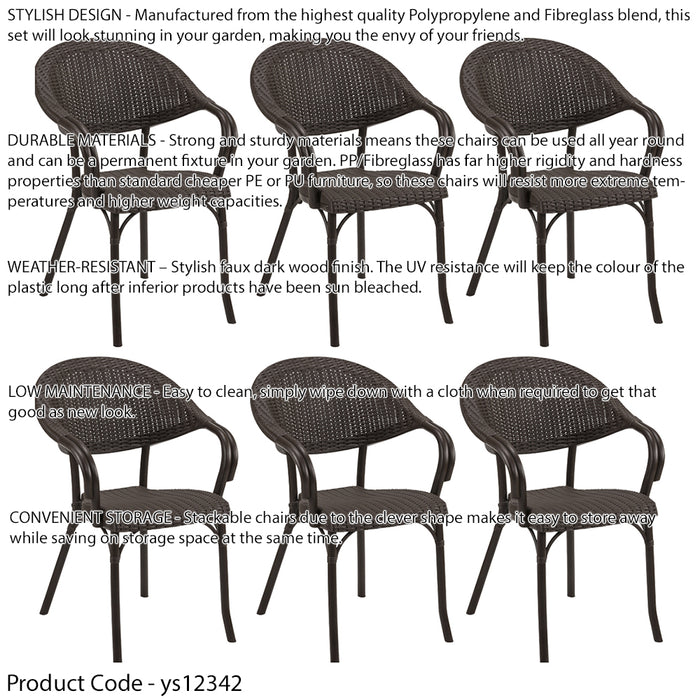 6 PACK Stackable Garden Dining Chairs Set - Dark Wood Finish - Outdoor UV Water