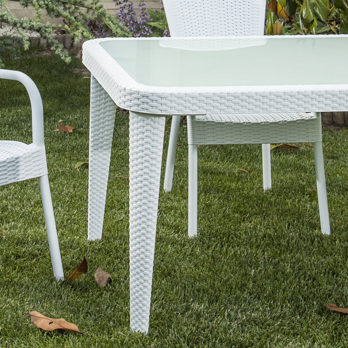 150x90cm Glass Top Outdoor Dining Table Rounded Corner White Garden Rattan Style - LoopsDirect