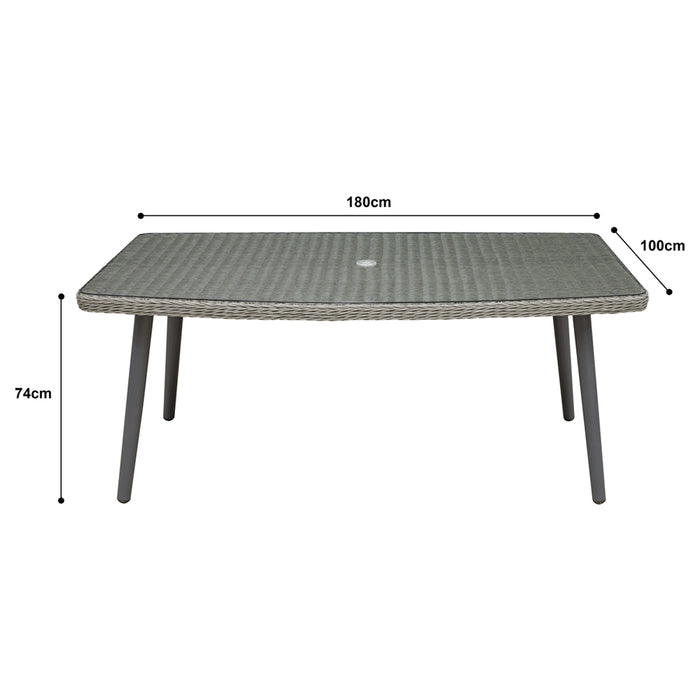 180x100cm Glass Top Outdoor Dining Table - Rattan Wicker 6 Seater Garden Parasol - LoopsDirect