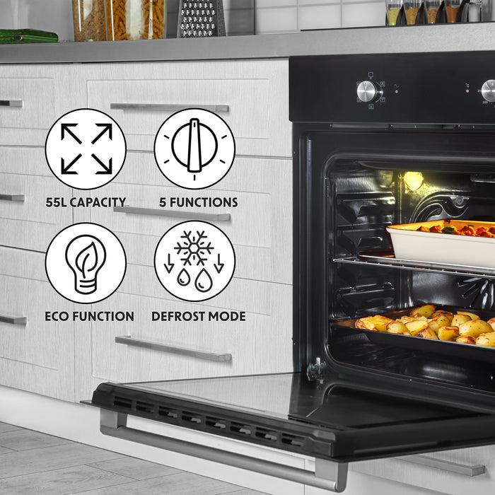 Black 60cm Integrated Fan Assisted Electric Oven 55L Wall Mounted Built-In Grill