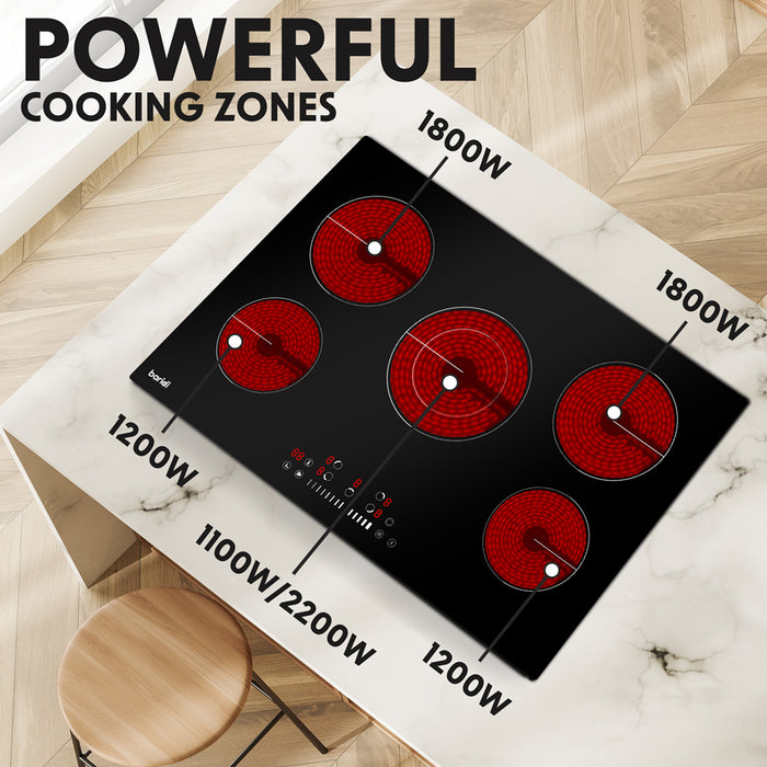 77cm 8200W 5 Zone Ceramic Burner Electric Hob - Black Glass Touch Control Flush - LoopsDirect