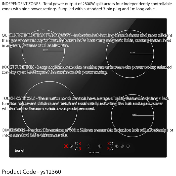 60cm 2800W 4 Zone Electric Induction Hob - Black Glass Touch Control Flush - LoopsDirect