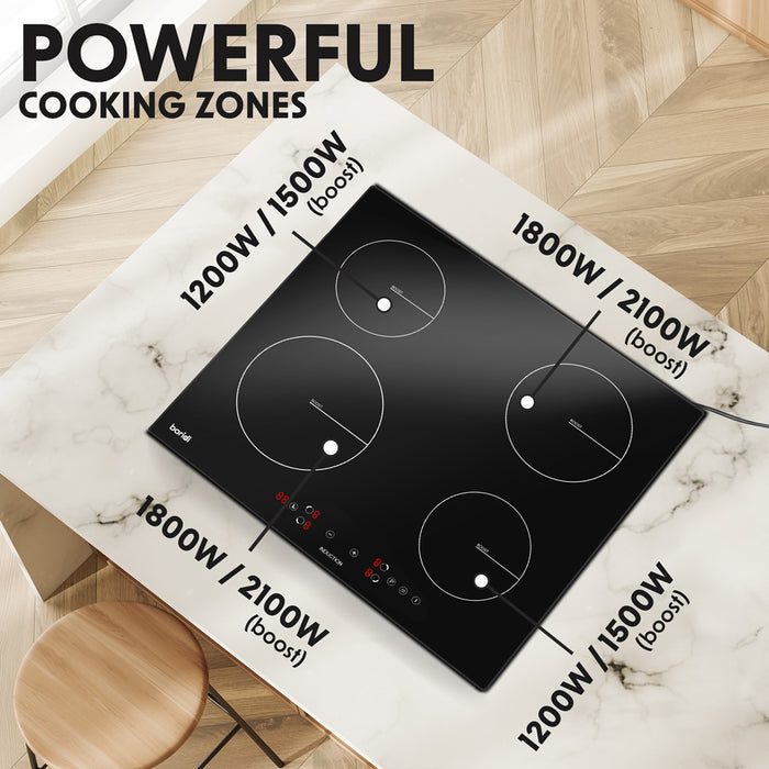 60cm 2800W 4 Zone Electric Induction Hob - Black Glass Touch Control Flush