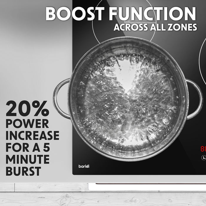 90cm 9300W 4 Zone Electric Induction Hob - Black Glass Touch Control Flush