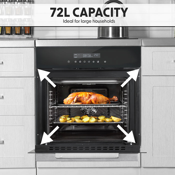 Black 60cm Integrated Fan Assisted Electric Oven 72L Wall Mounted Built-In Grill